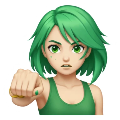A girl with green hair punching sticker