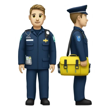 paramedic with a medic bag. White skin, navy uniform, with greenish/yellow medical bag sticker