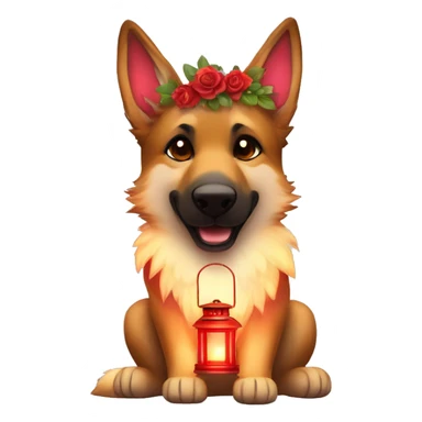 Brindled German shepherd fox carrying glowing red lantern, fairy lights, rose flower crown sticker