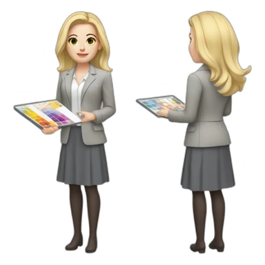 pale skin woman with cold blonde straight middle length hair, White blouse, Gray oversize jacket, Gray skirt holding a color palette in the hands sticker