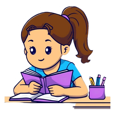 Girl with ponytail reading a notebook while sitting at desk sticker