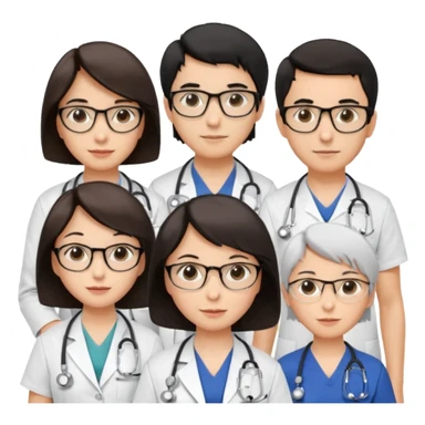 Create four doctors grouped together. Place a female doctor with dark brown short bob hair prominently in the front. Behind her, include:

a doctor with white hair wearing glasses,

a young male doctor with black hair and no glasses,

and a female doctor with black short bob hair wearing glasses. sticker