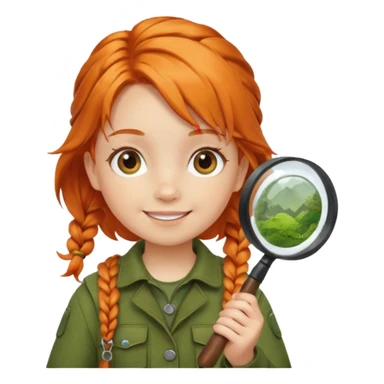 braid orange haired girl kid in moss green explorer outfit, holding magnifying glass, smile sticker
