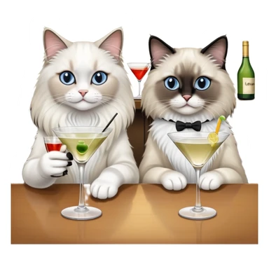 Ragdoll cat drinking martini at the bar with a black and white cat friend sticker