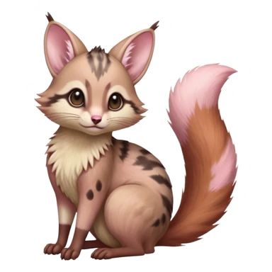 brown-pointed pastel-pink soft natural realistic romantic vintage antique divine beautiful elegant pretty precious cute young youthful  Fakémon-Pokémon-alien-opossum-squirrel-feline-serval-caracal-chinchilla-Minccino-hybrid-creature with a big fluffy bushy tail (full body) sticker
