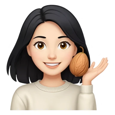 A woman with longer black hair, light to medium skin tone, full cheeks, and almond-shaped eyes, wearing a simple white sweater, joyful and radiant expression, cheerful, smiling. sticker