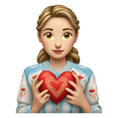 A Ukrainian woman in an embroidered shirt holds a heart in her hands sticker