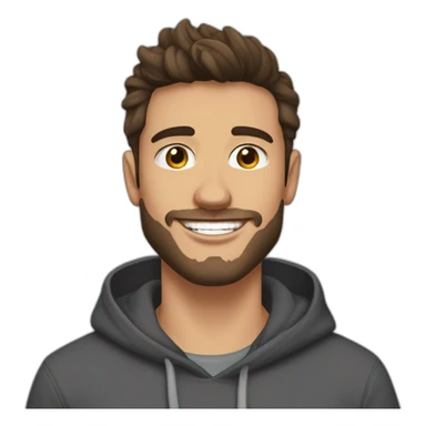 young man  fit with short beard smiling medium long curvy rockabilly style brown hair with light skin and dark brown eyes wearing dark gray sweatshirt hoodie sticker