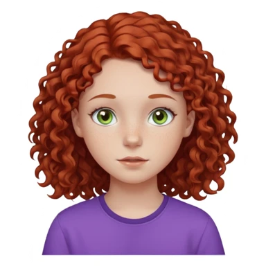 pale white teen girl with light blueish green eyes and freckles with brownish red curly middle part hair and purple shirt sticker