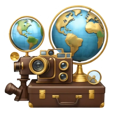Icon for Documentary Film: A vintage movie poster style with a film reel, a camera, and a globe symbolizing exploration and knowledge. Include elements like a notebook, magnifying glass, and nature or historical visuals to evoke a sense of discovery. Transparent background. sticker