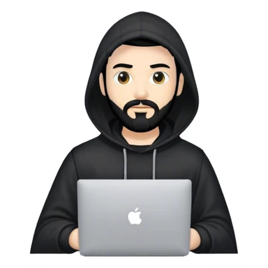hackeur blanc cheveux noir barbe et capuche noir avec un macbook sticker