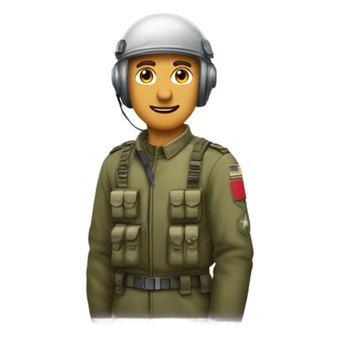 Homme militaire blanc avec des cheveux bruns. Il porte un équipement bariolé et un casque  sticker