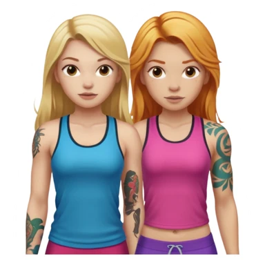 girl with long blonde hair and tattoos next to an athletic ginger girl colorful clothes sticker