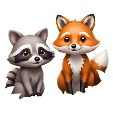 Collage of a raccoon and a fox, in close-up, set in a beautiful forest with tall trees, green bushes, and sunlight filtering through the leaves and flowers. A vibrant, wild atmosphere with a transparent background. sticker