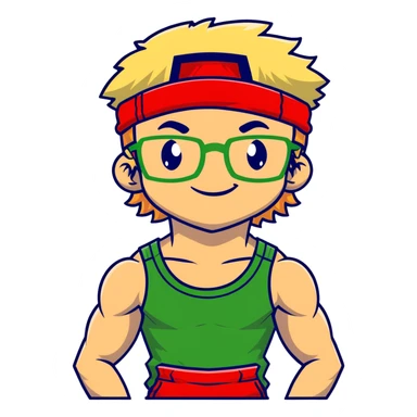 Skinny man with black and white cap, thin bare torso, red shorts, clear glasses, messy light blond mullet hairstyle, smiling and attempting to flex nonexistent muscles sticker