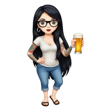 A beautiful woman with long black hair, wearing slippers that stand out, glasses on her face, tattoos on her arm, and holding a beer in one hand. sticker