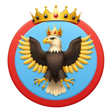 A light blue flag featuring a red and black horizontal stripe across the center. In the middle, a yellow circle contains a golden heraldic eagle with spread wings and a small crown above its head. Flat 2D vector style. sticker