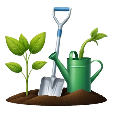 An icon featuring a shovel, a plant symbolizing agronomy. The design includes crops, a field, and a watering can, representing the science of soil management, crop production, and sustainable farming. Transparent background highlights agricultural research and growth. sticker