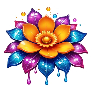 Create an icon that represents the hobby of decorative arts using epoxy resin. The design should feature a surface or object, like a coaster or decorative piece, with resin being poured or molded. Include visible epoxy resin pouring, with glossy and vibrant colors mixed into the resin. The composition should highlight the creative process and intricate details, such as embedded flowers, glitter, or pigments within the resin. The background should be transparent. sticker