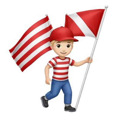A small boy in a cap, smiling brightly while dragging a flag slightly bigger than him. sticker