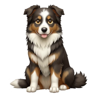 cinematic-[australian shepherd dog]-realistic-full-body-sitting-emoji,-tail-resting-loosely-beside-its-paws,-head-tilted-dramatically,-scruffy-[black white tan]-fur,-simplified-yet-realistic-focused-features,-highly-detailed,-glowing-with-an-almost-sarcastic-glow sticker