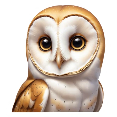 Cinematic Cute Barn Owl Portrait Emoji, Head tilted playfully and inquisitively, featuring a softly mottled Fur of white and brown with delicate feather patterns, round, sparkling amber eyes filled with curious wonder, Simplified yet irresistibly adorable features, highly detailed, glowing with a warm, friendly glow, high shine, affectionate and gentle, stylized with a touch of barnyard whimsy, bright and endearing, soft glowing outline, capturing the essence of a mischievous yet loving owl, so playful it feels like it could swoop out of the screen and into your arms! sticker