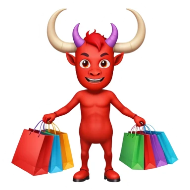 Red devil with horns carrying colorful shopping bags sticker