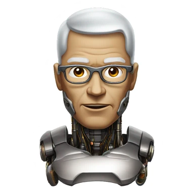 Older Male cyborg head with metallic plated face, brown flat top haircut, glasses and circuitry sticker