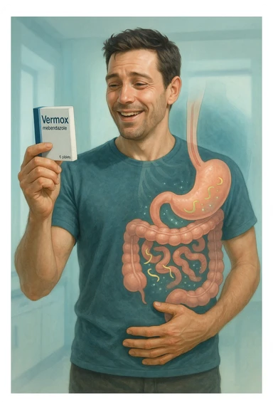 A realistic, cinematic illustration of a man in his late 30s holding a small white box of ‘Vermox’ (mebendazole) in one hand, with a relieved and hopeful expression on his face. Behind him, a semi-transparent overlay shows his digestive tract where small, symbolic worm-like parasites are dissolving and disappearing, indicating the medication’s effect. The environment is clean and bright, with a medical yet hopeful tone, conveying the concept of effective parasite removal. Subtle blue and green tones symbolize cleansing and health restoration, while the man appears energized and ready to reclaim his well-being sticker