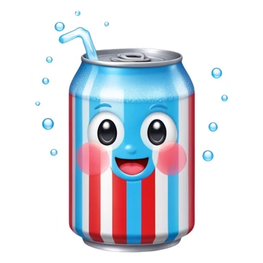 Cute Kawaii Soda Can, bubbly and vibrant, bright red and blue stripes, playful fizz popping around, a chubby happy face with wide sparkling eyes, energetic and refreshing! sticker