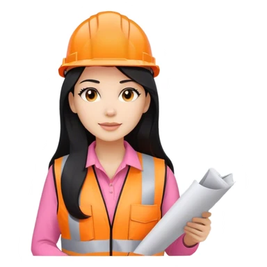 Female civil engineer with long black hair and white helmet wearing pink shirt and an orange safety vest looking at construction plan  sticker