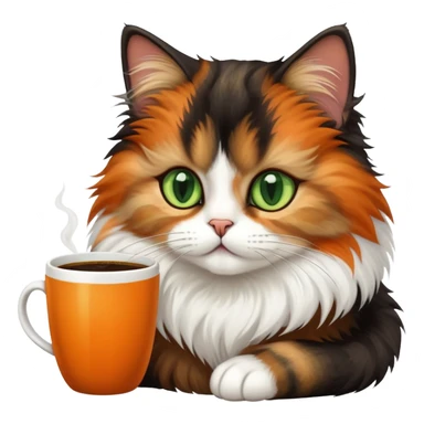 tricolor fluffy cat with big green eyes drinking a cup of coffee sticker