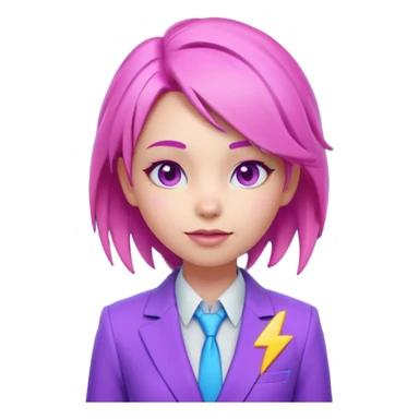 Cute 3D emoji-style girl sexy character with pink hair and purple eyes. No hands, no pose. Clean purple suit with a glowing neon-blue ‘C’ logo on the chest, small lightning accent. Smooth Apple-style lighting, friendly expression sticker