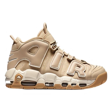 Two beige Nike Air More Uptempo sneakers arranged with one positioned behind the other, simple clean design with minimal details but distinct AIR lettering sticker