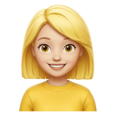 A 3D cartoon female character fully in yellow tones — skin, hair, and outfit all yellow — smiling gently, medium-length hair, cinematic Memoji-style rendering, cohesive with other yellow character sticker