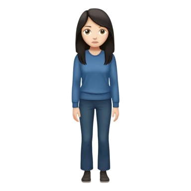 "Cartoon emoji of a woman with long, loose dark hair, wearing plain, simple clothes. Full-height, standing, nervous, unsure, worried expression. Slightly hunched, anxious posture. Smooth, simple, stylized."Eyes looking down or away, avoiding direct contact sticker