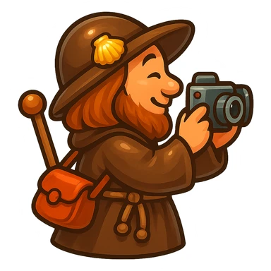 Create a small, funny medieval pilgrim taking a photo, seen from the side (profile view), in retro stickers style with a transparent background. Keep the character humorous and medieval-themed, matching the style of the reference image. sticker