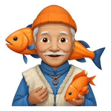 old inuit man with traditional inuit clothes and orange fish sticker