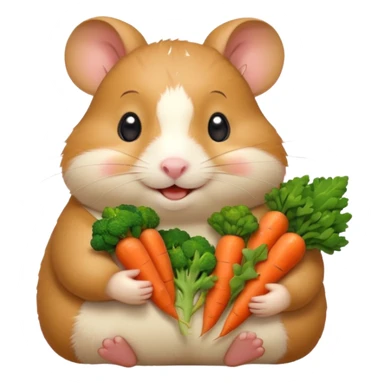 Cute chubby cartoon-style hamster holding a small bento box filled with vegetables, smiling proudly. Soft painterly shading, white background, sticker-style illustration sticker