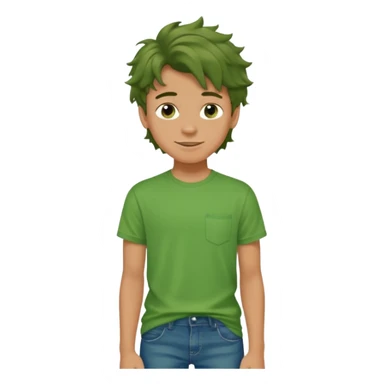 A 14 yerar old teenage boy, tanned, wearing a green t-shirt , blue jeans and green sneakers with brown wavy tousled hair, smirking sticker