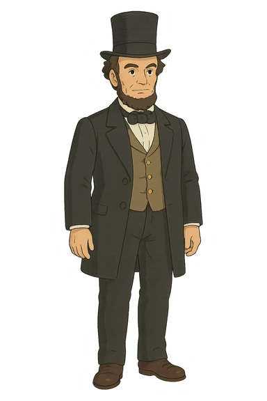 The full body of a US government politician or president from the 1850s wearing a top hat sticker