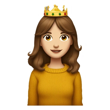 brown haired girl White English woman with long brown hair and face framing layered bangs dressed in a mustard yellow sweater with birthday crown and negroni in hand sticker