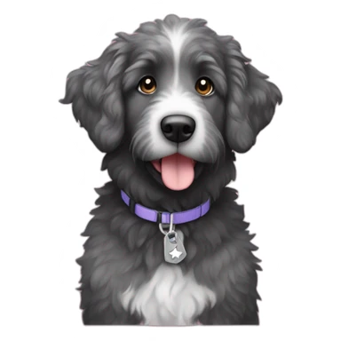 black and gray aussie doodle with a star-shaped tag sticker