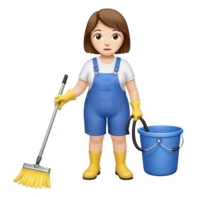 old and fat women, brown hair, Custodian with yellow rubber gloves, white T-shirt, blue overalls, mopping floor sticker