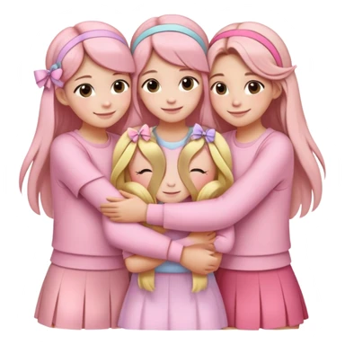 "Four girls hugging each other, all wearing soft pink clothes, two with long hair and two with shoulder-length short hair, smiling, cute iPhone emoji style, with hair accessories like headbands or ribbons, pastel color palette, soft shading, white background" sticker