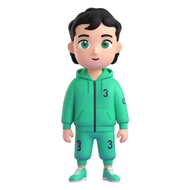 male character in a green Squid Game tracksuit with number 333, smirking, sharp black eyes, messy short black hair, slight stubble, flipping a coin, mysterious and strategic expression, 3D emoji style sticker