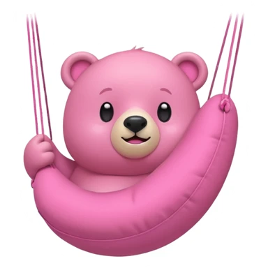 pink bear swinging a pillow, flat minimal rounded shapes, simple face, energetic and cute, iPhone emoji style sticker