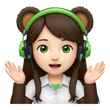 Animated emoji, Chibi girl, long dark brown hair, green eyes, wearing a white shirt and small brown bear ears on a black headset, with wide happy surprised eyes and mouth and clapping excitedly sticker
