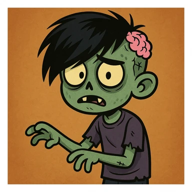 zombie boy with black emo hair and purple shirt, cartoon style sticker