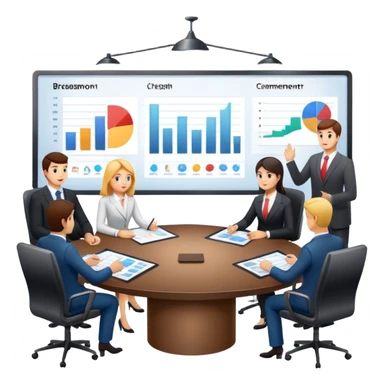 boardroom meeting with people presenting charts on a large table sticker
